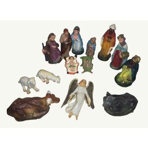 Vintage Plastic 14-Piece Nativity Scene Set With Angel & Animal Figurines